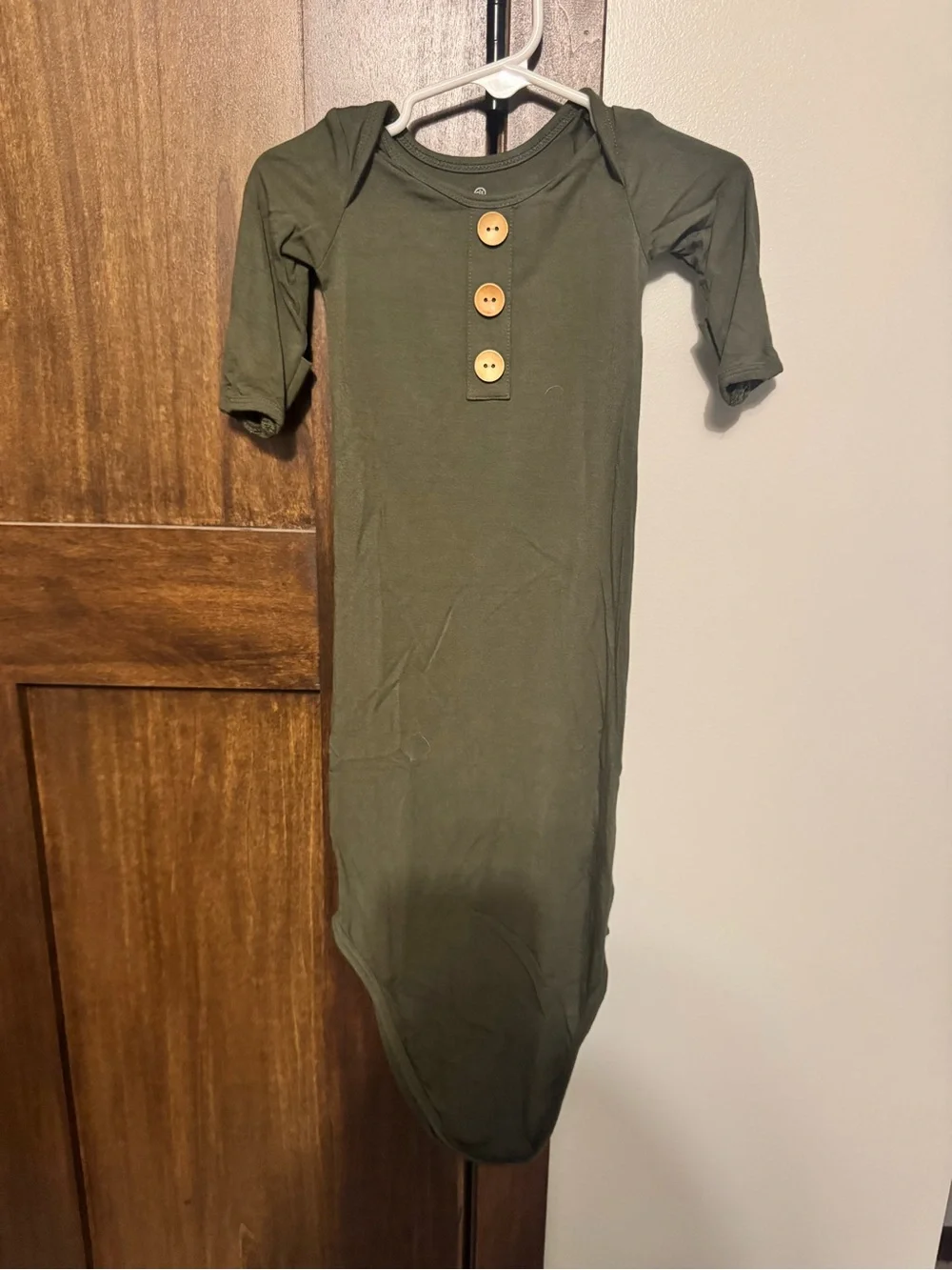 Caden Lane Olive Green Long Sleeve Knotted Gown with Wood Buttons